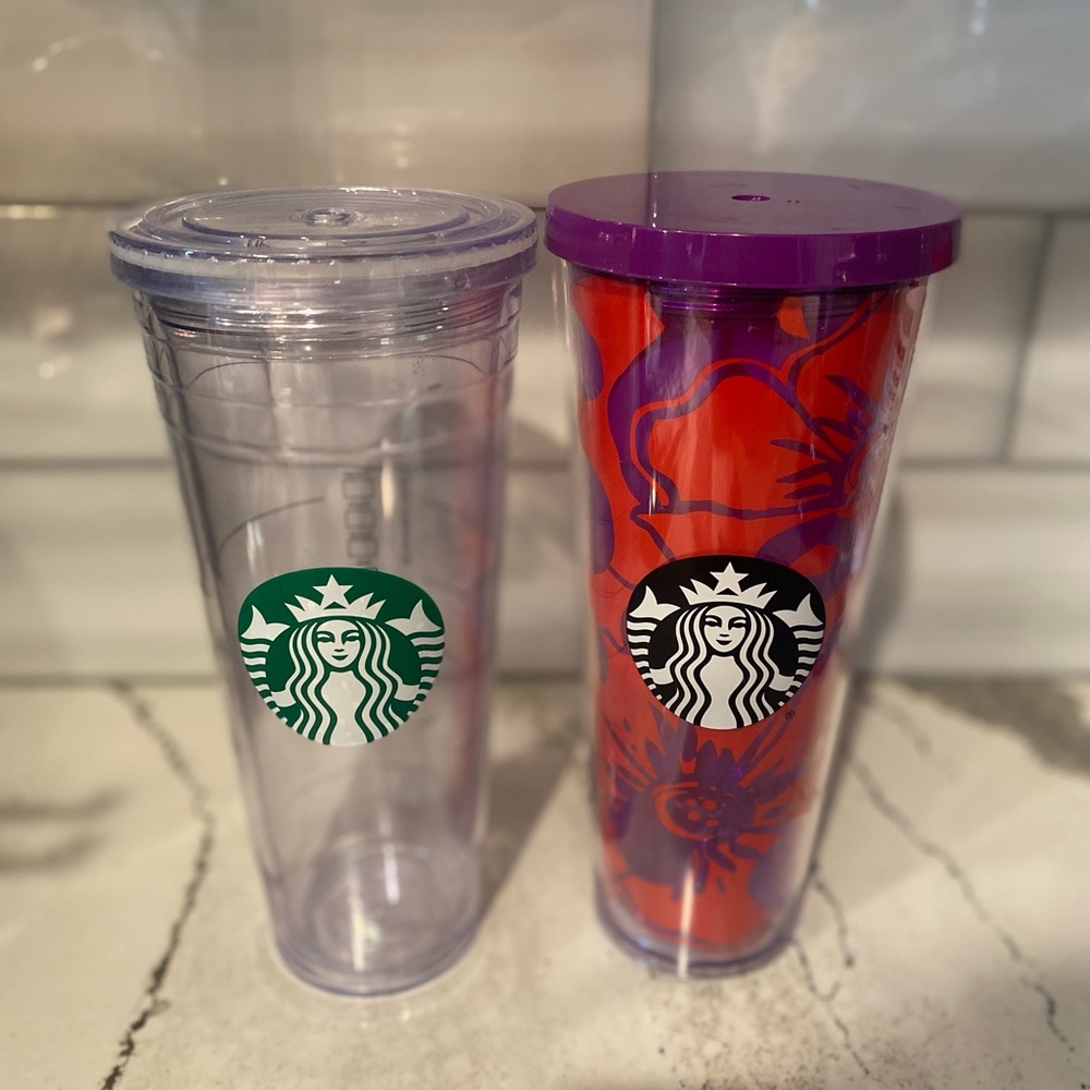 Starbucks Green Logo Clear and Purple Floral Tumblers